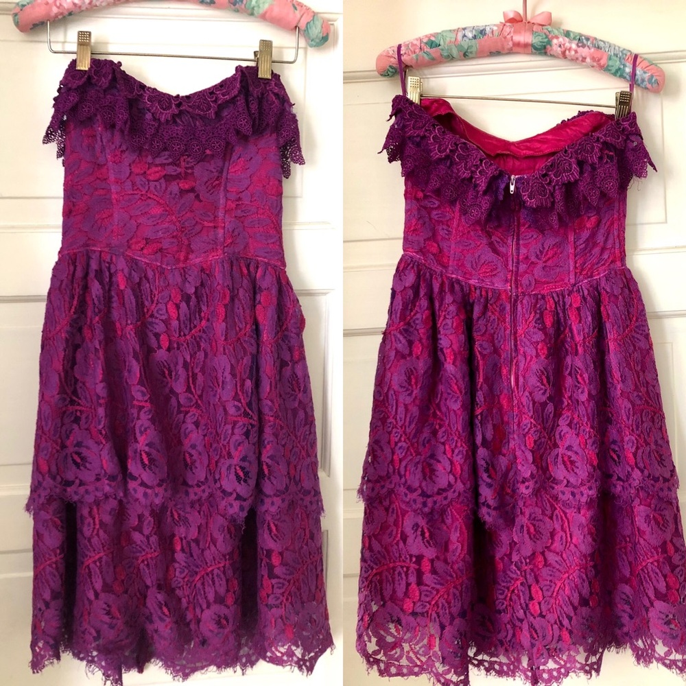 Pink and purple lace short prom dress